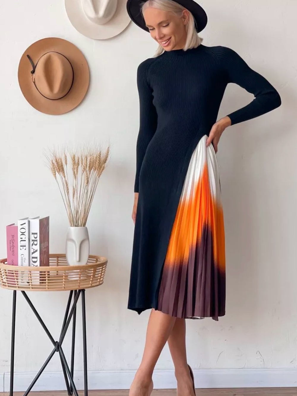 Black Midi Sweater Dress with Orange Ombre Pleat - Picture 2 of 8